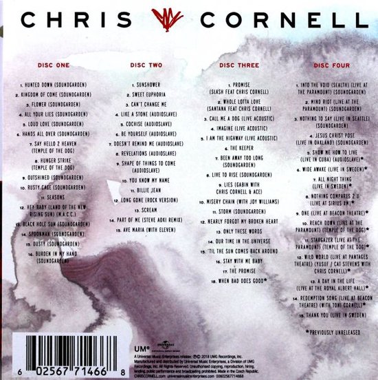 Achterkant van de boxset, met de tracklist verdeeld over vier cd's, een barcode en de tekst "Chris Cornell at the Paramount".
