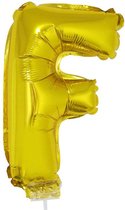 Gouden opblaas letter ballon F op stokje 41 cm