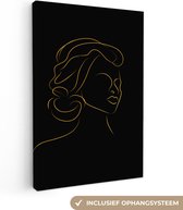 Canvas Schilderij Vrouw - Zwart - Goud - Line art - 20x30 cm - Wanddecoratie