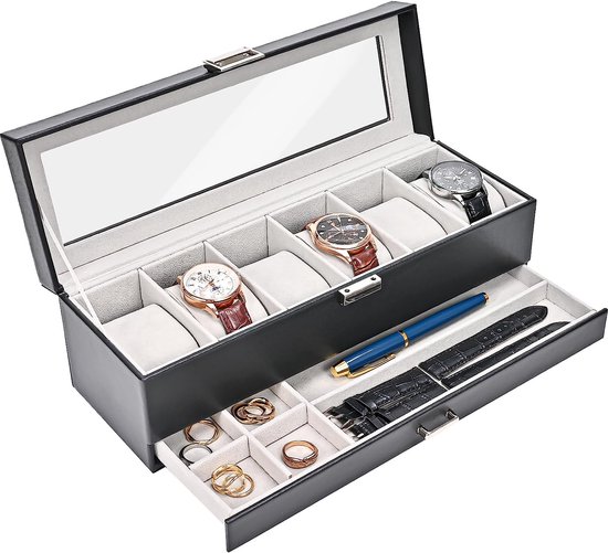 Boîte à montres avec 6 compartiments, boîte à montres avec couvercle en verre, 2 niveaux, boîtier à montre avec coussin de montre amovible, boîte à montre pour bijoux, bagues, bracelets et colliers, noir