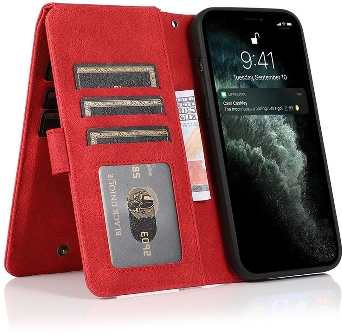 Zacht Leren geschikt voor iPhone 15 Plus Wallet Hoesje - rood