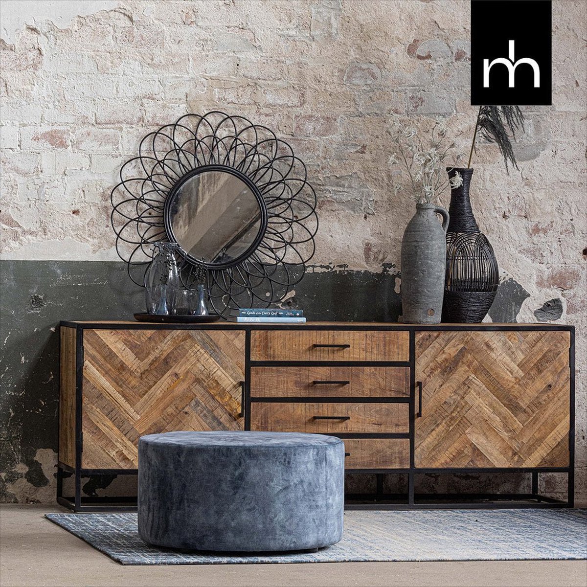 Mangohouten Dressoir New Haven 210 cm Mahom Industrieel - Dressoir van Mangohout & Metaal - Industriële Dressoir