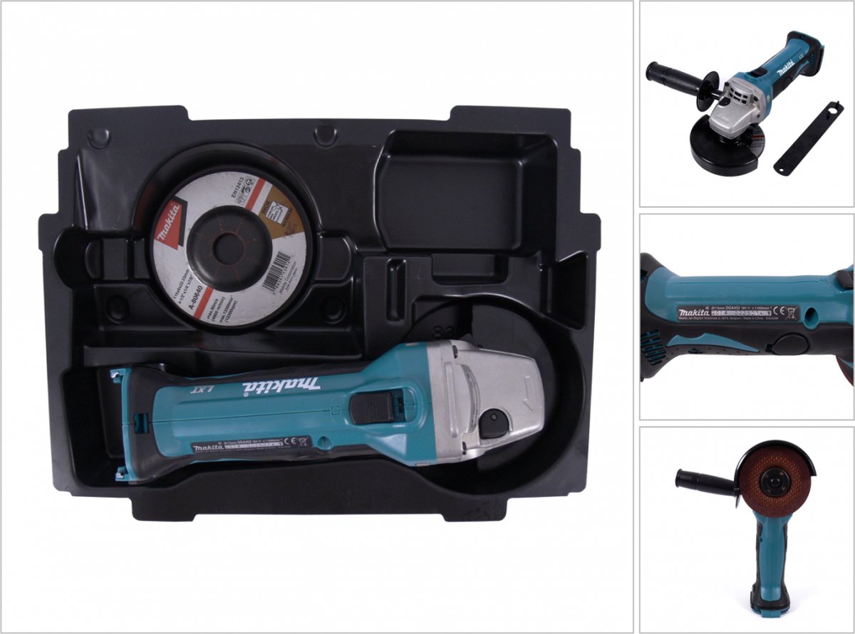 Makita DGA 452 ZE accu haakse slijper 18 V 115 mm solo + 1x passende inzet voor Makpac ( 837632-8 ) - zonder accu, zonder oplader
