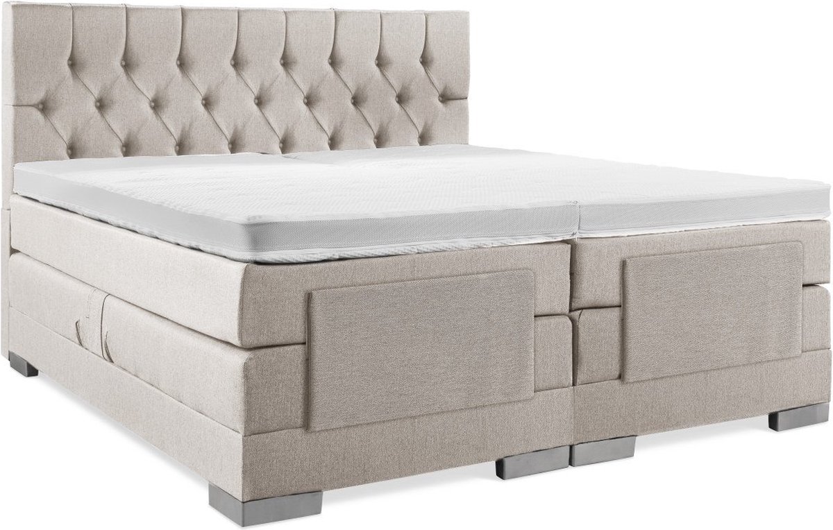 Elektrische Boxspring - 160x200 - Incl. Gecapitonneerd hoofdbord - Beige met plint