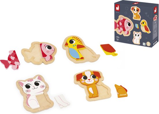 Janod - Puzzel Huisdieren - Houten Puzzelset Met 4 Puzzels, Variërend Van 2 Tot 5 Stukjes - Perfect Voor Het Ontwikkelen Van De Fijne Motoriek En Coördinatie! - Geschikt Vanaf 18 Maanden van Janod — afbeelding 4