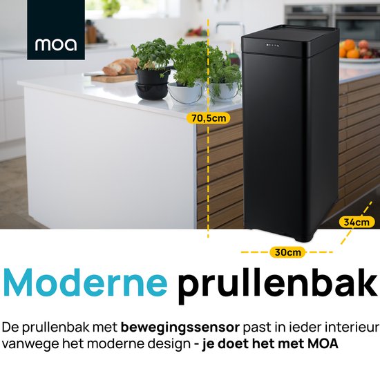 Poubelle noire MOA avec capteur, haute de 70,5 cm, large de 34 cm et profonde de 30 cm, s'intègre dans tout intérieur.