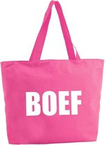 Boef shopper tas - fuchsia roze - 47 x 34 x 12,5 cm - boodschappentas / strandtas