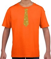 Oranje fun t-shirt met stropdas in glitter goud kinderen - feest shirt voor kids 134/140