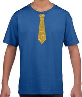 Stropdas goud glitter t-shirt blauw voor kinderen XS (110-116)