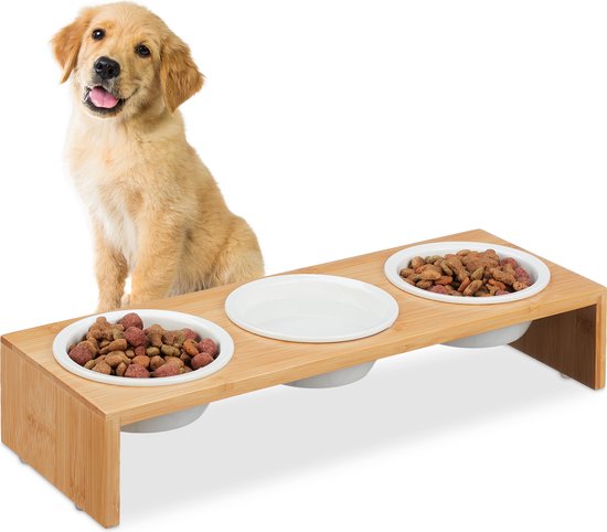 Relaxdays voerbak hond, 400 ml, rvs eetbak, bamboe houder, voor water en voer, HxBxD: 6 x 14,5 x 14,5 cm, zilver/natuur