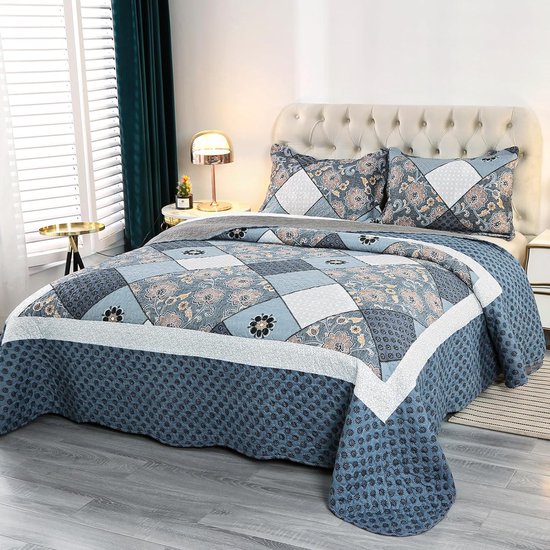 Sprei 240 x 260 cm voor bed, patchwork microvezel bedsprei, dun winterdekbed, omkeerbaar ontwerp, blauw met bloemmotief