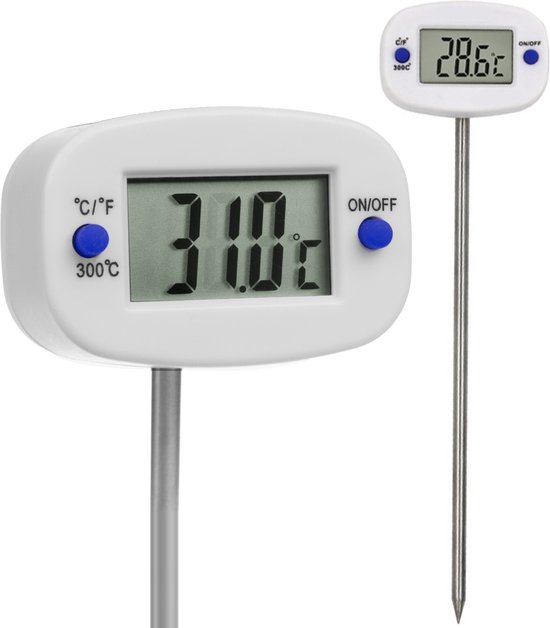 Twee digitale thermometers met zilveren probe en witte behuizing. Groter display toont '31.0°C', kleiner display toont '28.6°C'.