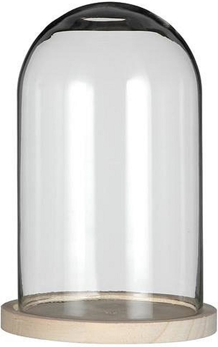 Glazen Stolp op Houten Plateau - Transparant - H21 x Ø14 cm
