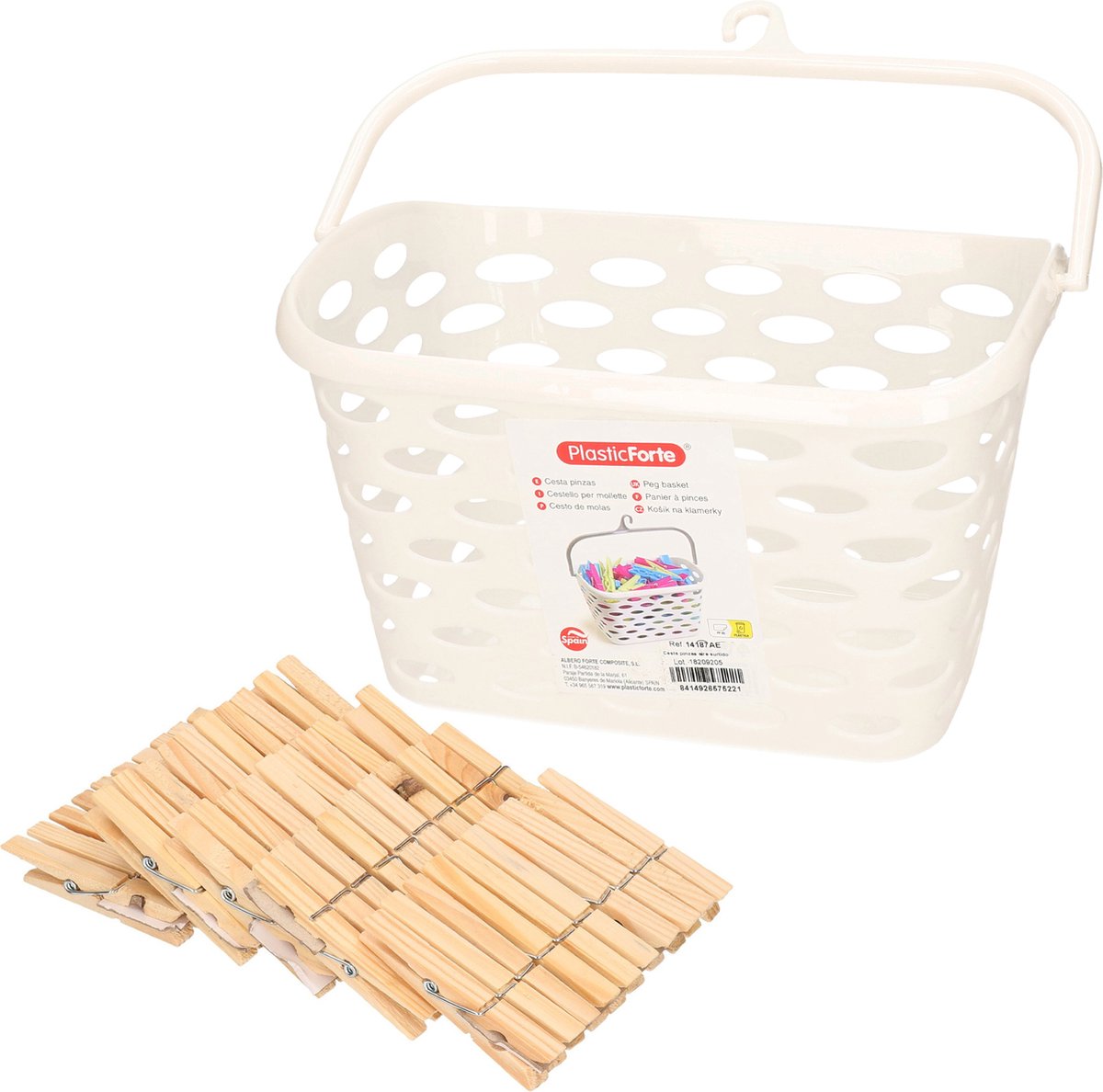 Goedkoopste Wasknijpersmandje met haak - creme wit - en 100x houten wasknijpers 7 cm - was ophangen