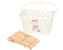 Wasknijpersmandje met haak - creme wit - en 100x houten wasknijpers 7 cm - was ophangen