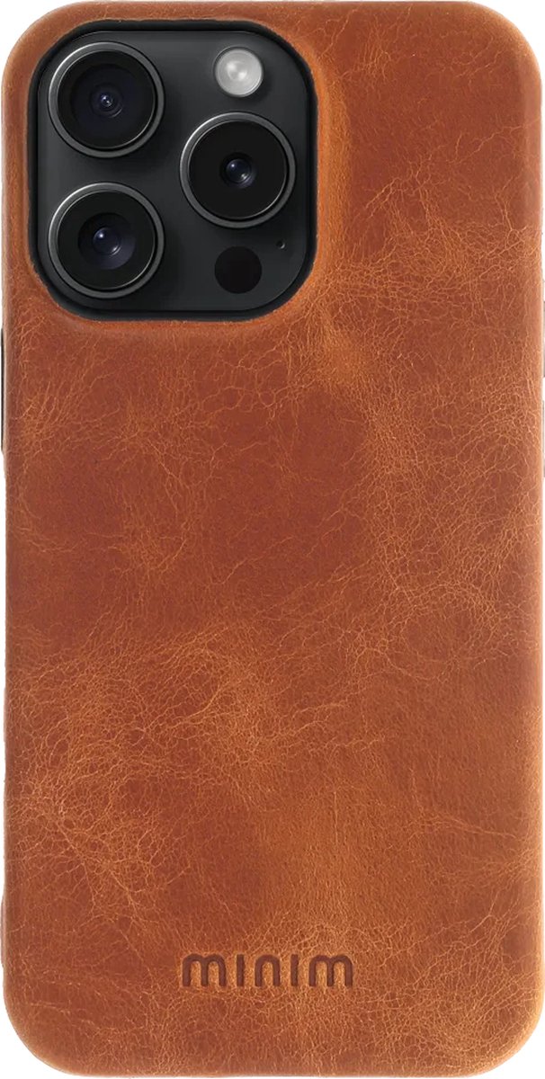 Minim Hoesje Echt Leer Geschikt voor Apple iPhone 15 Pro - Lederen Back Cover - Cognac