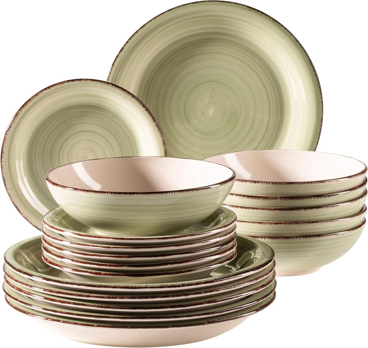 931876 Bel Tempo II, bordenset voor 6 personen in moderne vintage look, 18-delig tafelservies, handbeschilderd keramisch servies, aardewerk, groen
