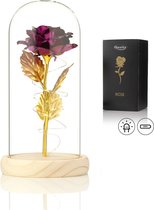 Rose de Luxe en Glas avec LED - Rose dorée sous cloche en Verres - Fête des mères - Connue de La Beauty et la Bête - Cadeau pour la mère de son amie - Violet - Pied léger - Qwality