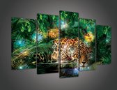 Canvas Schilderij - Jaguar - Groen - Zonsondergang - Cheeta - Dieren - Lucht - Wild - Natuur - Afrika - Schilderij Woonkamer - Schilderijen op canvas - Inclusief Frame - 100x60m (LxB) - 5 Luiks - 5 Delen