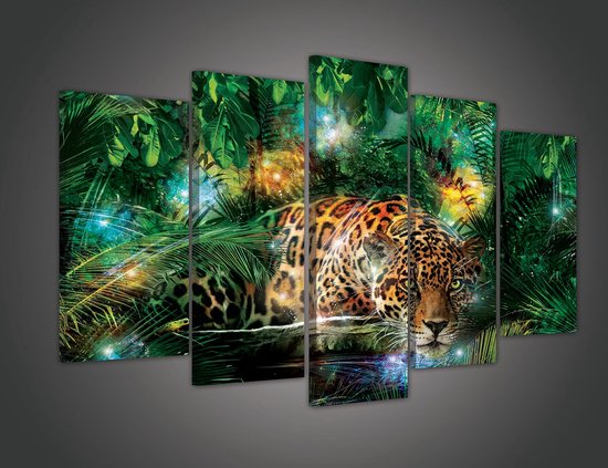 Peinture sur toile - Jaguar - Vert - Coucher de soleil - Guépard - Animaux - Ciel - Sauvage - Nature - Afrique - 100x60m (LxL) - 5 Liège - 5 Parties