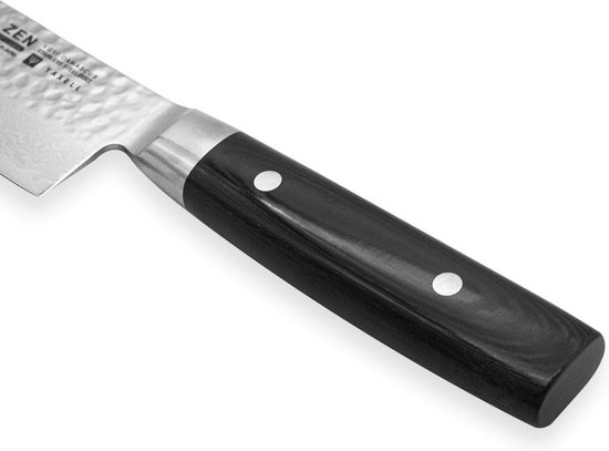 Yaxell Japonais - Série Zen - Couteau de Chef Santoku - Acier VG-10 - 61 HRC - Lame 16,5 cm - Acier Damas 37 Couches - Manche Toile-Micarta