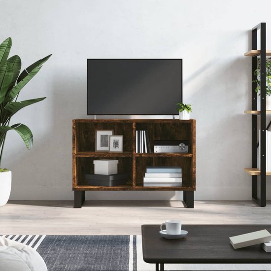 The Living Store Tv-meubel - Tv-kast met 4 vakken - Gerookt eiken - 69.5 x 30 x 50 cm - Stevig materiaal - Voldoende opbergruimte - Stabiel tafelblad - IJzeren poten - Montage vereist - The Living Store