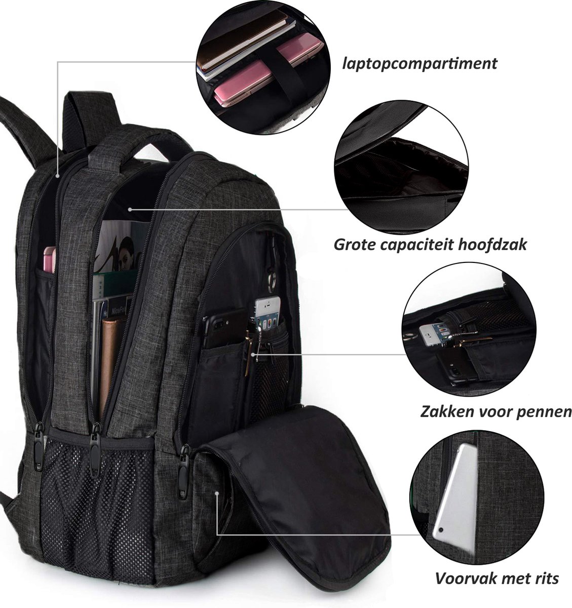 TAN.TOMI Laptop Rugzak 17.3 Inch – Grote Rugzak 36L voor School, Werk en Reizen – Spatwaterdichte Schooltas met USB-poort – Laptop Backpack voor Dames en Heren – Zwart – foto 7