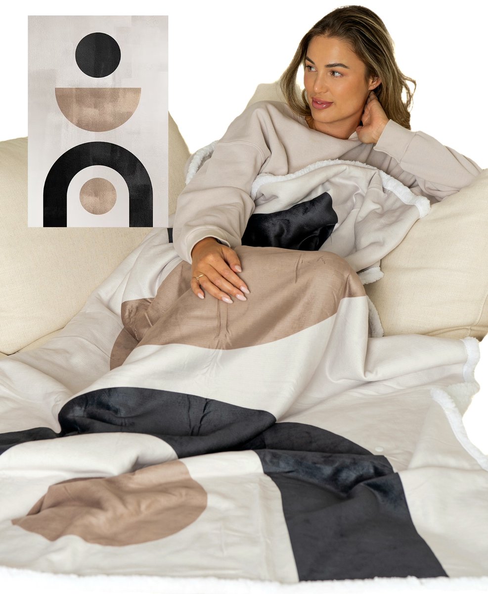 Plaid - Deken met flexibele Voetenzak - Fleece - Sherpa - Bruin - Crème - Print - 180 x 130 cm