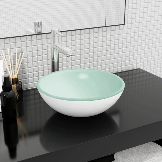 Lavabo blanc avec intérieur en verre dépoli vert clair, 35x12 cm.
