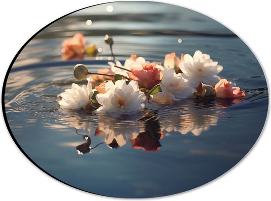 Dibond Ovaal - Camellia Bloemen en Knoppen op het Water - 28x21 cm Foto op Ovaal (Met Ophangsysteem)