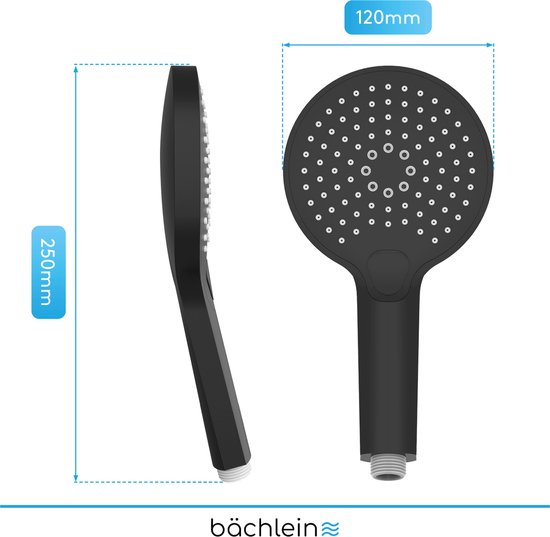 Pommeau de douche universel Bächlein - Pommeau de douche avec 3 types de jets, facile à changer grâce à un bouton poussoir pratique - Pommeau de douche rond noir mat - Douchette à main avec dimensions de raccordement standard G 1/2"