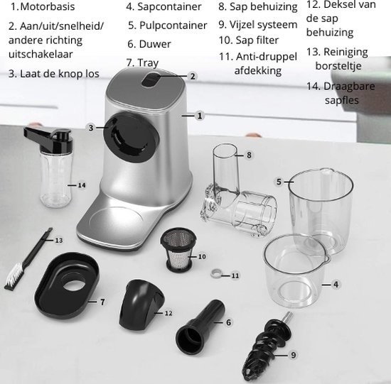 Sapcentrifuge Slow Juicer 2 snelheden Fruit/Groente bol