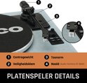 Details van Lenco platenspeler: naald (Audio Technica AT-3600), toonarm, contragewicht en veiligheidsklem. Tekst "Platenspeler Details".