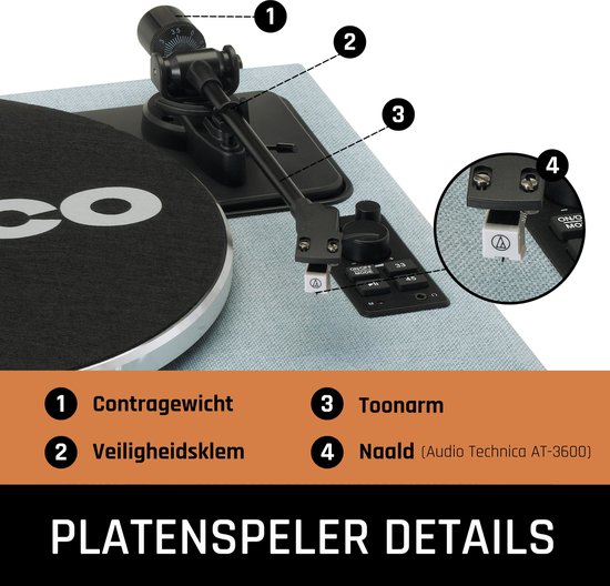 Details van Lenco platenspeler: naald (Audio Technica AT-3600), toonarm, contragewicht en veiligheidsklem. Tekst "Platenspeler Details".