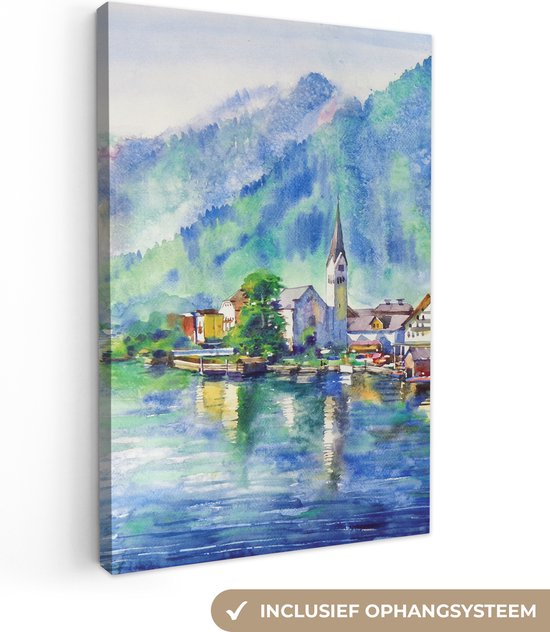 Canvas - Schilderij - Dorp - Bergen - Meer - Olieverf - Schilderijen op canvas