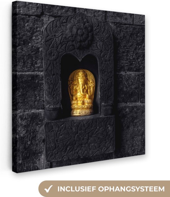 Canvas schildersdoek - Foto op canvas - Woonkamer decoratie - Ganesha beeld - Goud - Spiritueel - Bakstenen - Zwart - 20x20 cm