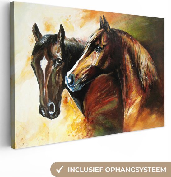 Canvas - Olieverf - Paarden - Dieren - Geel - 120x80 cm - Woondecoratie - Schilderijen op canvas