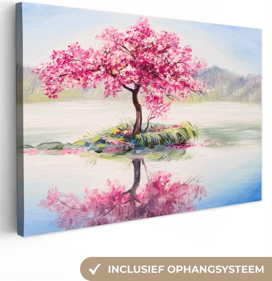 Canvas - Bloesemboom - Sakura - Olieverf - Water - Natuur - 60x40 cm - Schilderijen op canvas - Canvas doek - Muurdecoratie