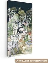 Canvas kinderen - Muurdecoratie kinderkamer - Jungle - Dieren - Rivier - Bomen - Bergen - Canvas schilderij - Kinder decoratie - 40x80 cm