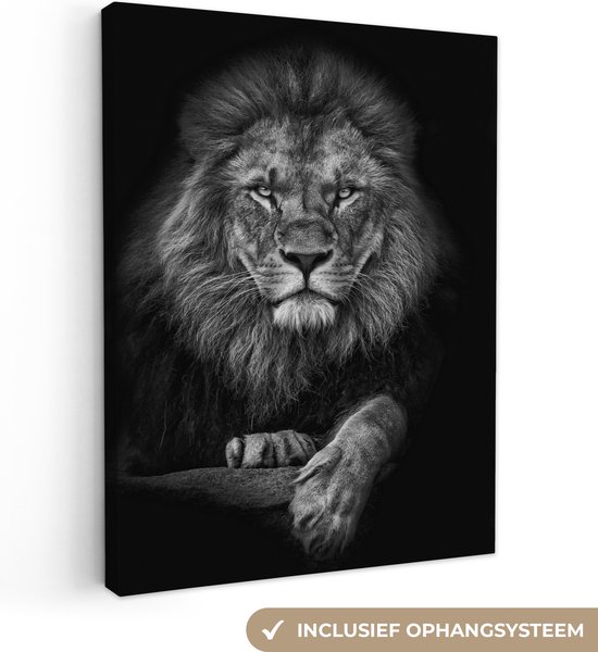 Canvas schilderij - Leeuw portret 90x120 - Kamer decoratie accessoires - Dieren schilderijen woonkamer - Wanddecoratie zwart wit slaapkamer - Huisdecoratie - Muurdecoratie keuken - Wanddoek interieur - Woondecoratie huis - Woonaccessoires
