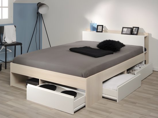 Bed met opbergruimte 140 x 200 cm - Kleur: wit en naturel + bedbodem + matras - DEBAR L 220 cm x H 79 cm x D 150 cm