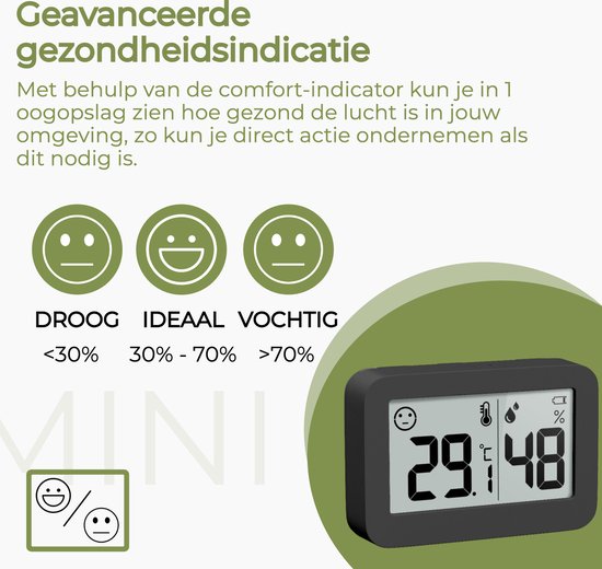 YUCONN Hygrometer - Weerstation - Thermometer Binnen - Digitaal Thermometer En Luchtvochtigheidsmeter - Inclusief Batterij en Plakstrip - Zwart