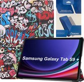 Tablethoes en Screenprotector geschikt voor Samsung Galaxy Tab S9 Plus (2023) - Tri-fold hoes met Auto/Wake functie en Magnetische sluiting - Graffiti