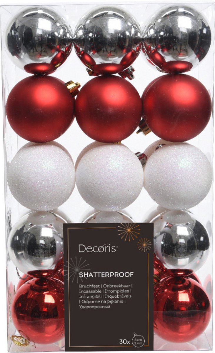 Decoris Kerstballen - 30x - 6 cm -kunststof -rood/wit parelmoer/zilver