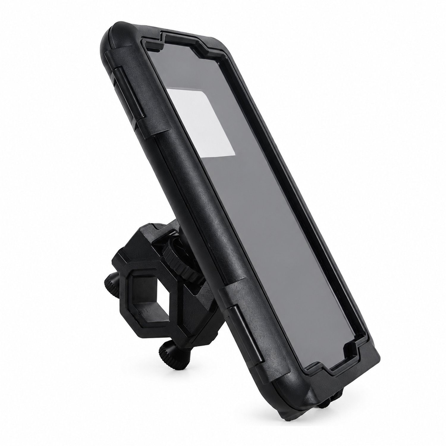 Telefoonhouder voor motorstuur met behuizing, klembevestiging en transparant frontpaneel