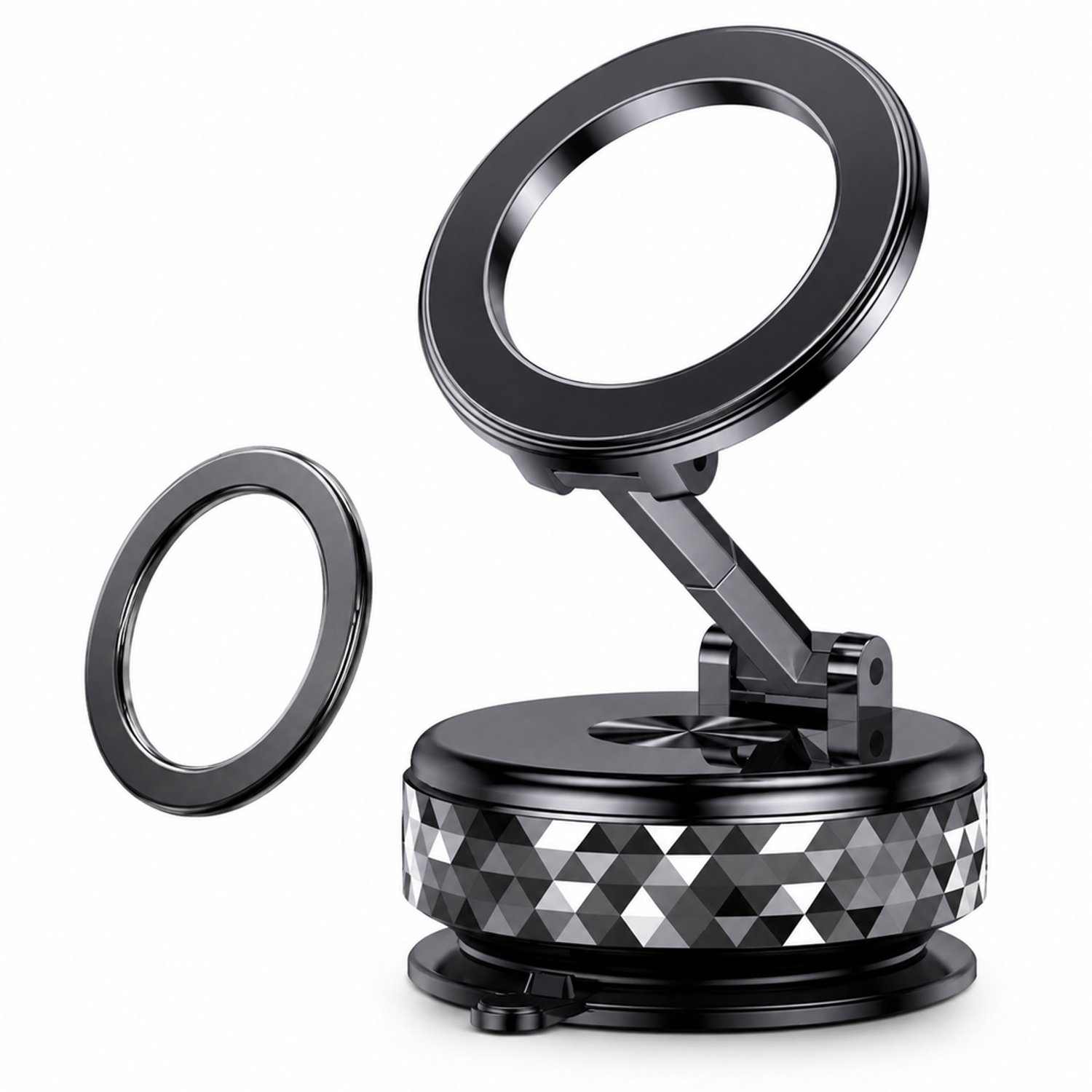 Telefoonhouders auto magnetische dashboardhouder met vacuümbevestiging draaibaar opvouwbaar zwarte uitvoering met rastertextuur en magnetische ring