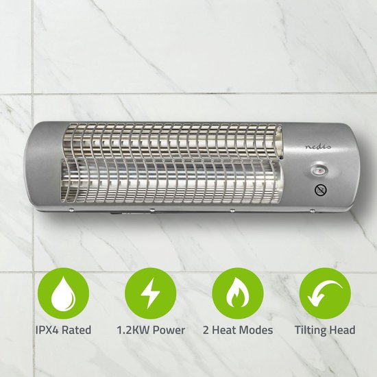Grijze infraroodkachel op witte tegelachtergrond met iconen voor IPX4, 1,2kW vermogen, 2 warmtestanden en kantelbare kop.