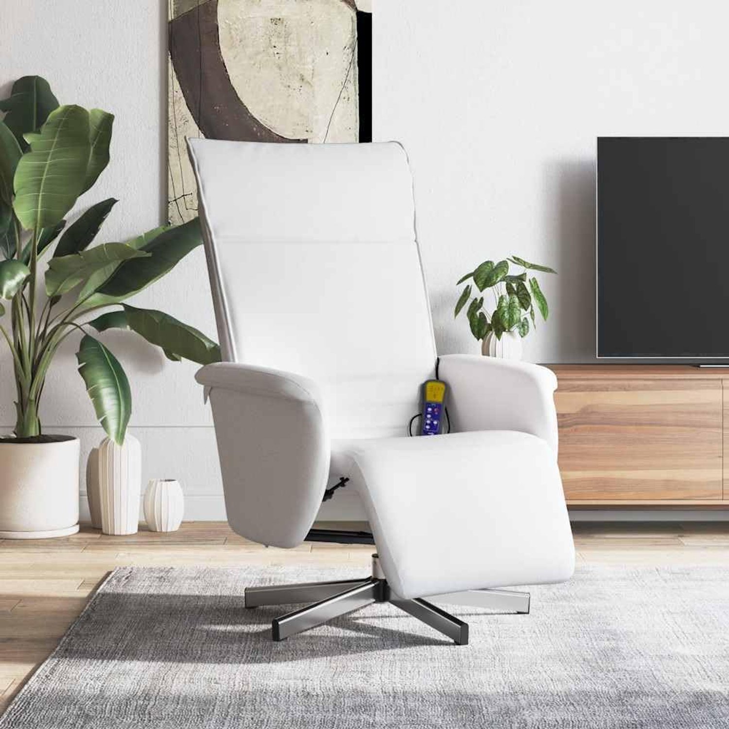 Luxe Elektrische Massagestoel met 6 Vibratiepunten, Verstelbare Rugleuning en Voetensteun, 360° Draaibaar in Wit Kunstleer (75,5 x 147 x 80,5 cm)