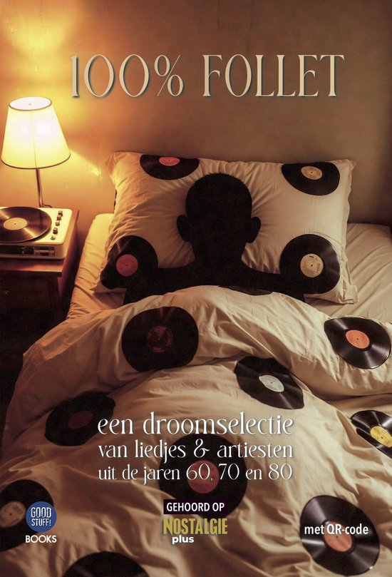 Dekbed met vinylplaten en silhouet, titel 100% Follet, een droomselectie van liedjes uit de jaren 60, 70 en 80.