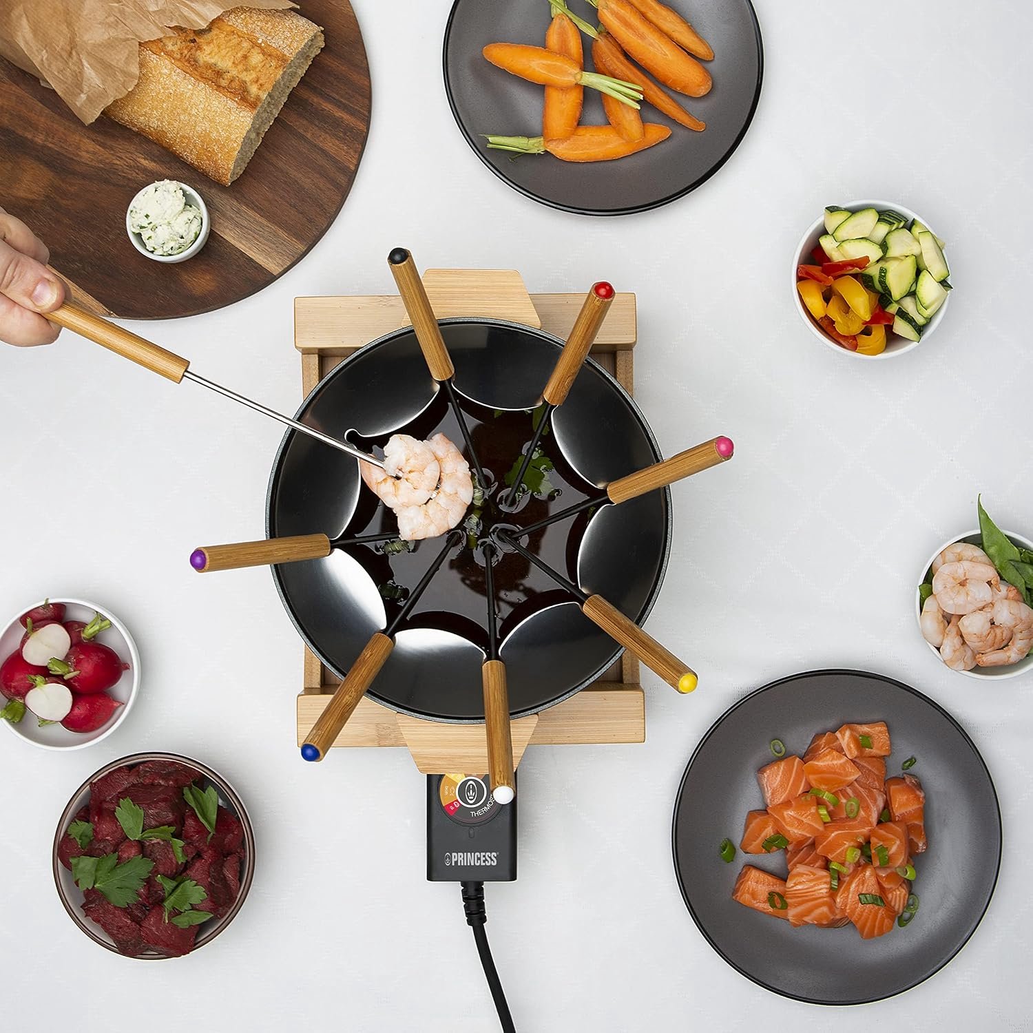 Elektrische Fondueset 8 Personen – 1,5 Liter – Instelbare Thermostaat – Bamboe Behuizing – Voor Vlees-, Kaas- en Chocoladefondue – Zwart – foto 2